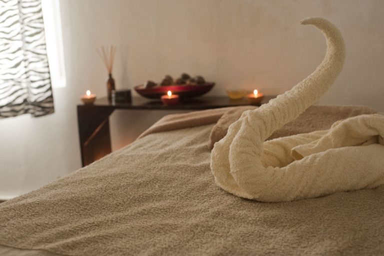 towel decorated as a swan on top of a massage table